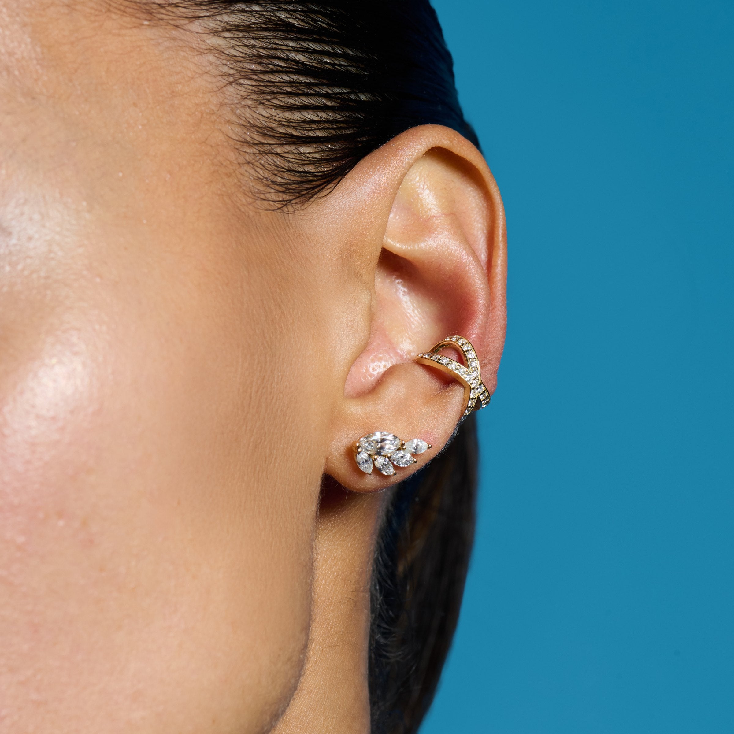 E’LHAA Xenia pavé ear cuff in yellow gold, worn