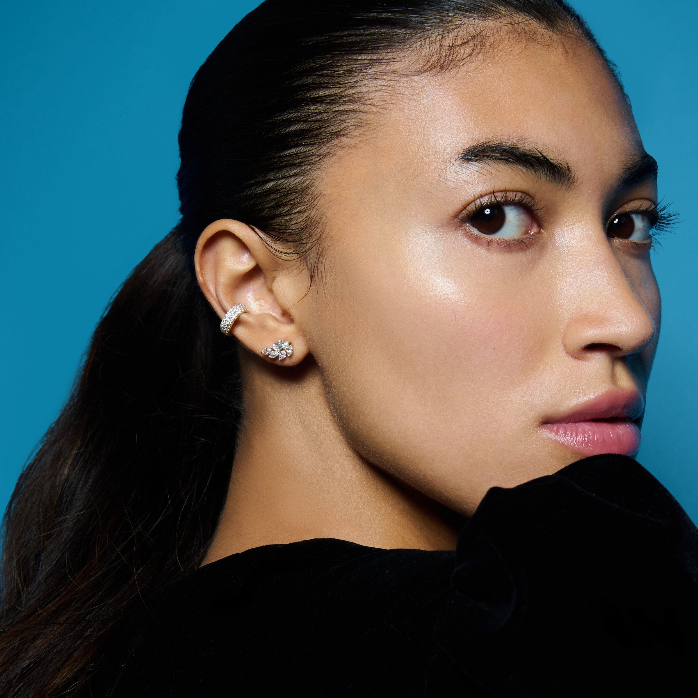 E’LHAA Pavé diamond conch ear cuff in yellow gold, worn