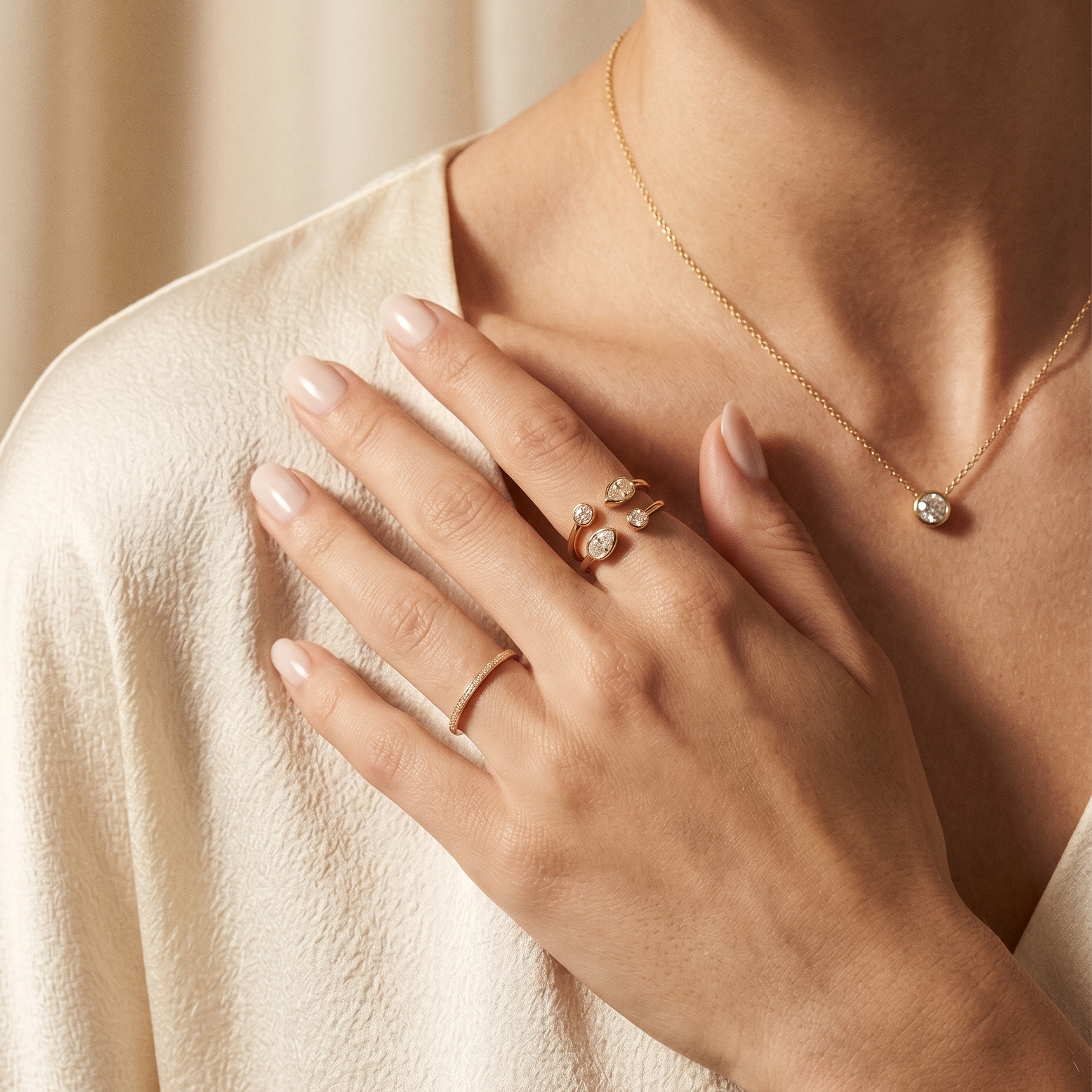 E’LHAA model wearing the three-stone Sena ring with a few refined diamond pieces